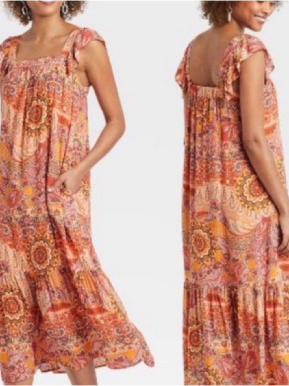 Knox Rose Boho Floral Tiered Midi Dress in Warm Paisley Print